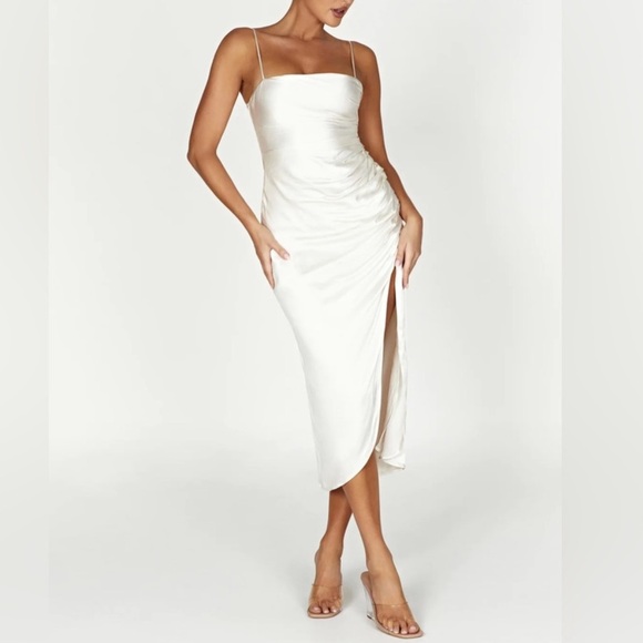 Meshki Dresses & Skirts - Meshki NWT ivory satin ruched cocktail dress midi maxi gown with slit XS